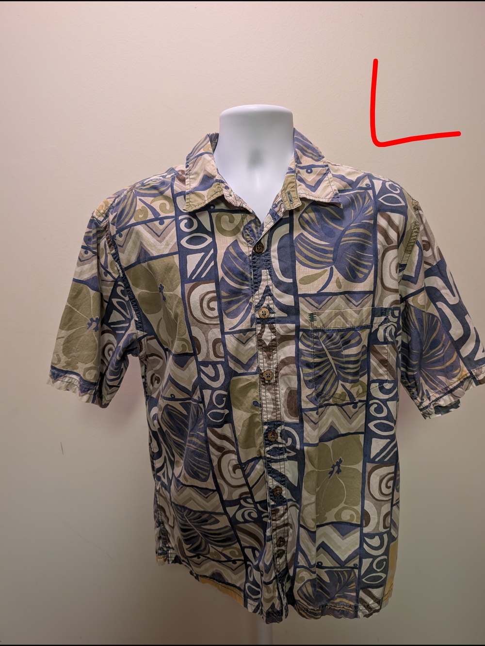 Men's Short-Sleeve Casual Button-Down Shirt - Olive & Navy Tile Print